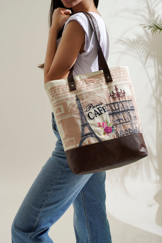 Paris Café Shoulder Tote Bag With Vegan Leather